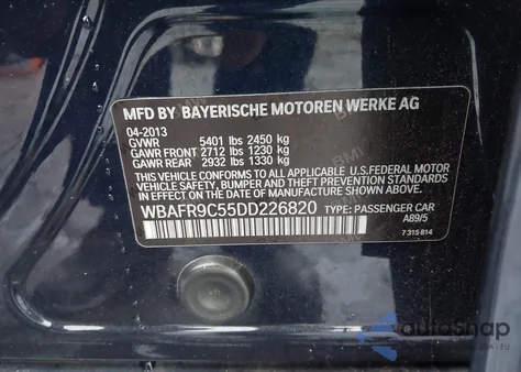 2013 BMW 550I из США, поврежденный, VIN WBAFR9C55DD226820